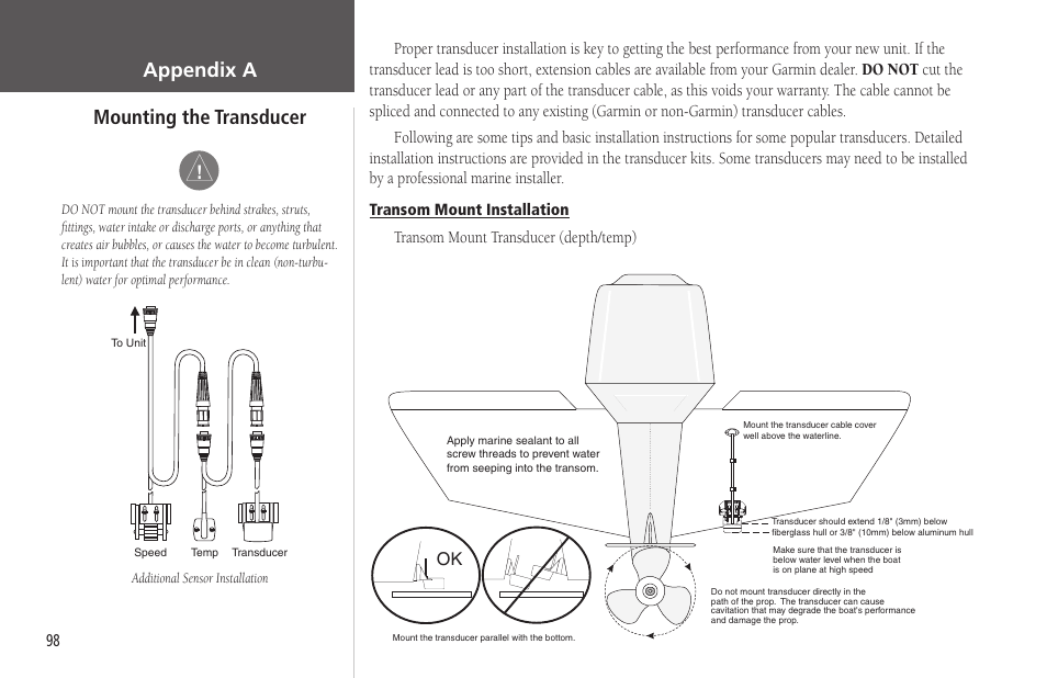 Appendix a, Mounting the transducer, Transom mount transducer (depth/temp) | Garmin GPSMAP 178C Sounder User Manual | Page 108 / 134