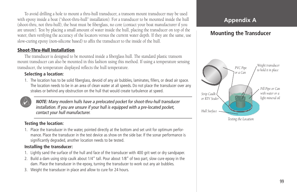 Appendix a mounting the transducer | Garmin GPSMAP 178C Sounder User Manual | Page 109 / 134