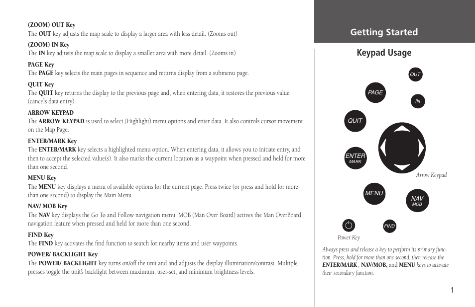 Keypad usage, Getting started keypad usage | Garmin GPSMAP 178C Sounder User Manual | Page 11 / 134