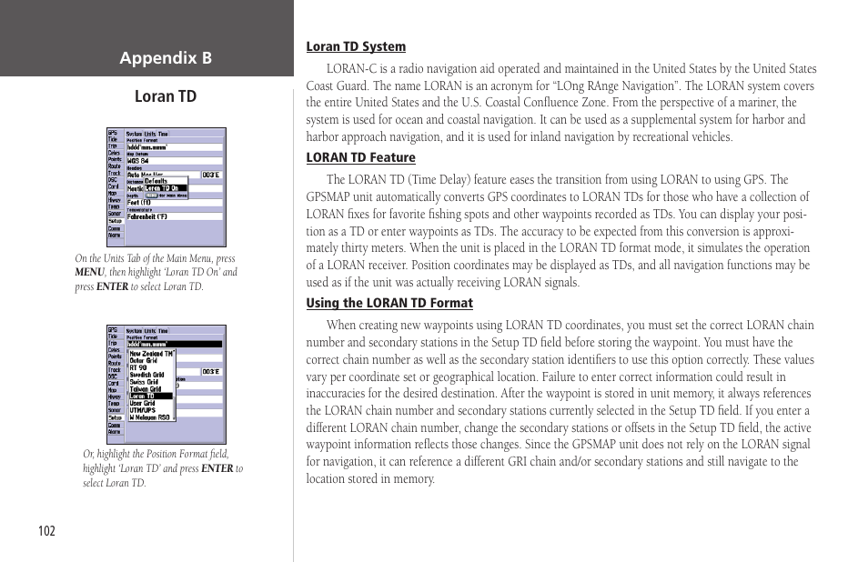 Loran td | Garmin GPSMAP 178C Sounder User Manual | Page 112 / 134
