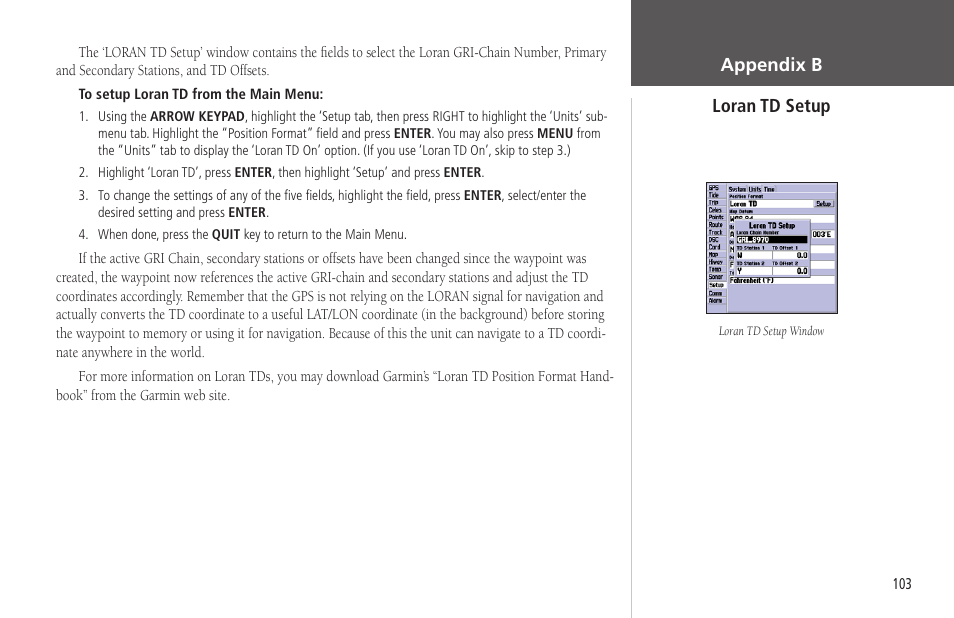 Appendix b loran td setup | Garmin GPSMAP 178C Sounder User Manual | Page 113 / 134