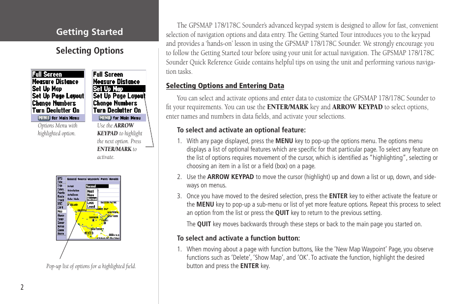 Selecting options, Getting started selecting options | Garmin GPSMAP 178C Sounder User Manual | Page 12 / 134