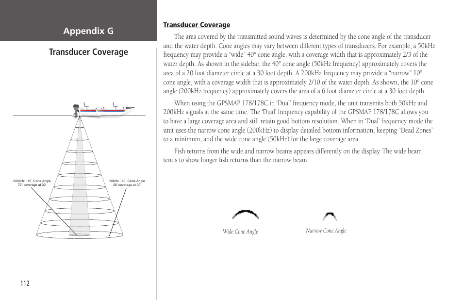 Appendix g transducer coverage | Garmin GPSMAP 178C Sounder User Manual | Page 122 / 134