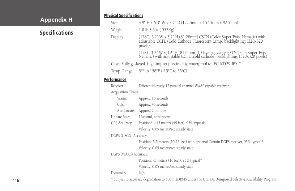 Specifications, Specifications/unit care, Appendix h specifications | Garmin GPSMAP 178C Sounder User Manual | Page 126 / 134
