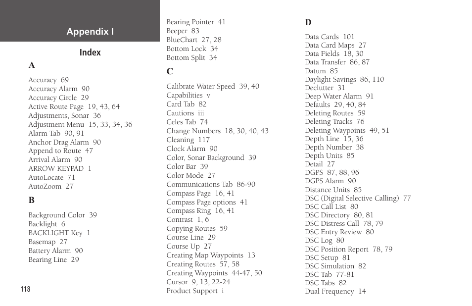 Index | Garmin GPSMAP 178C Sounder User Manual | Page 128 / 134