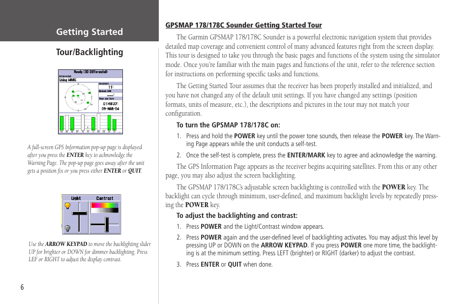 Tour/backlighting, Getting started tour/backlighting | Garmin GPSMAP 178C Sounder User Manual | Page 16 / 134