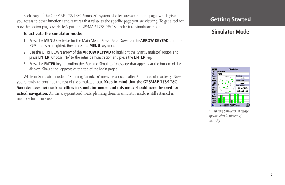 Simulator mode, Getting started simulator mode | Garmin GPSMAP 178C Sounder User Manual | Page 17 / 134