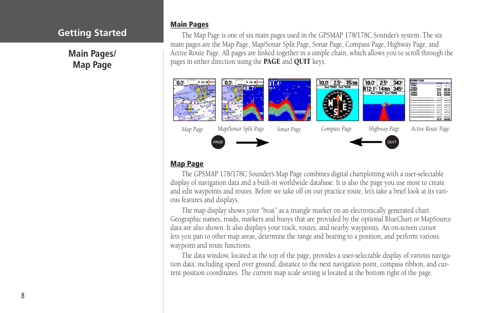 Getting started main pages/ map page | Garmin GPSMAP 178C Sounder User Manual | Page 18 / 134