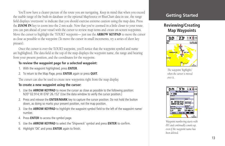 Reviewing/creatingmap waypoints, Getting started reviewing/creating map waypoints | Garmin GPSMAP 178C Sounder User Manual | Page 23 / 134