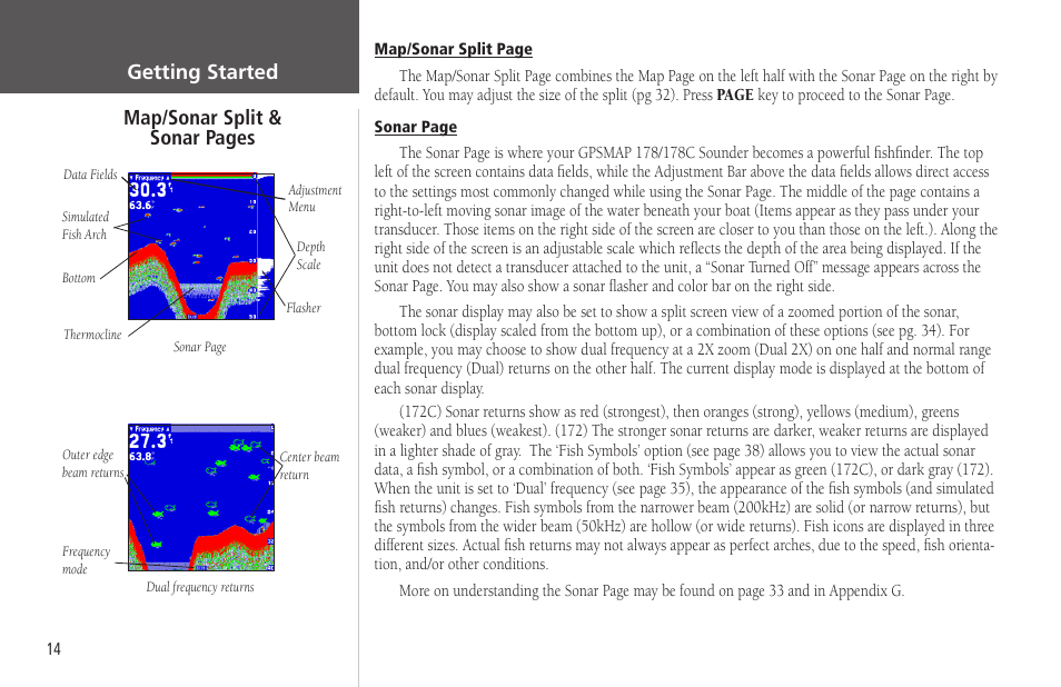 Map/sonar split, Getting started map/sonar split & sonar pages | Garmin GPSMAP 178C Sounder User Manual | Page 24 / 134