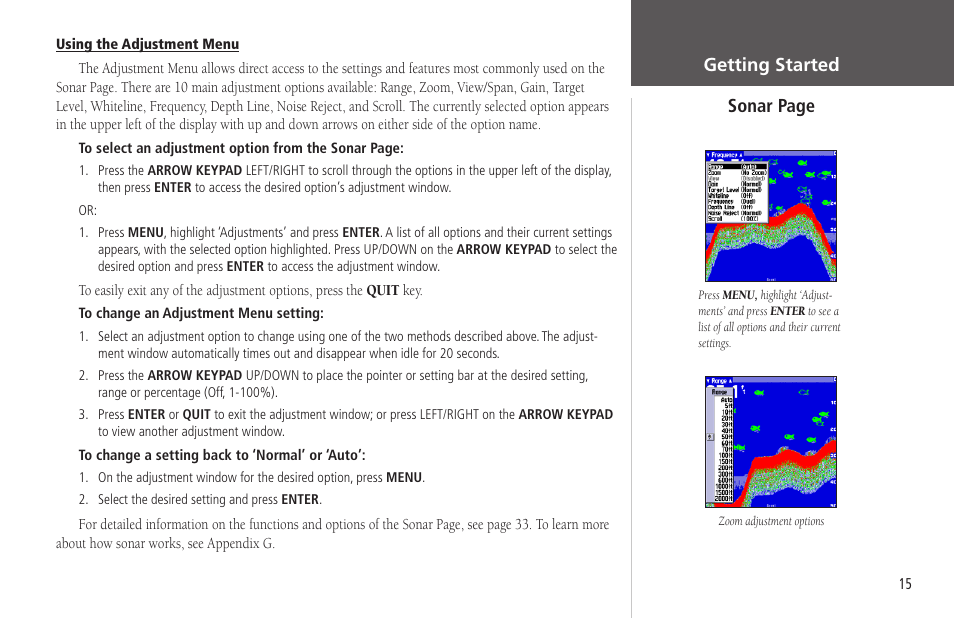 Getting started sonar page | Garmin GPSMAP 178C Sounder User Manual | Page 25 / 134