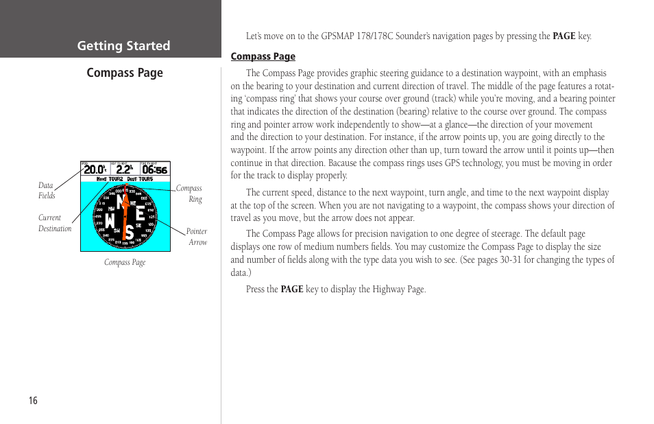 Getting started compass page | Garmin GPSMAP 178C Sounder User Manual | Page 26 / 134
