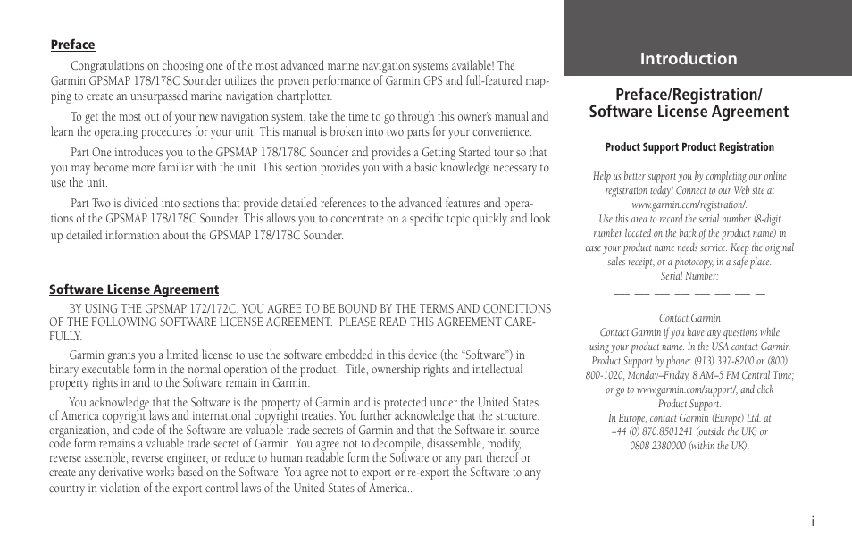 Preface/registration, Software license agreement | Garmin GPSMAP 178C Sounder User Manual | Page 3 / 134
