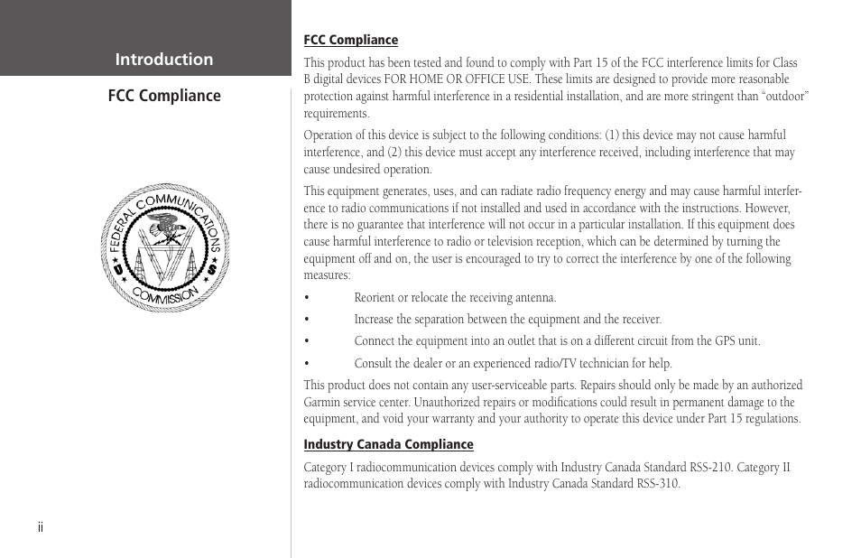 Fcc compliance | Garmin GPSMAP 178C Sounder User Manual | Page 4 / 134