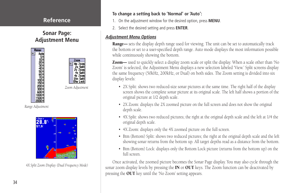 Adjustment menu, Reference sonar page: adjustment menu | Garmin GPSMAP 178C Sounder User Manual | Page 44 / 134