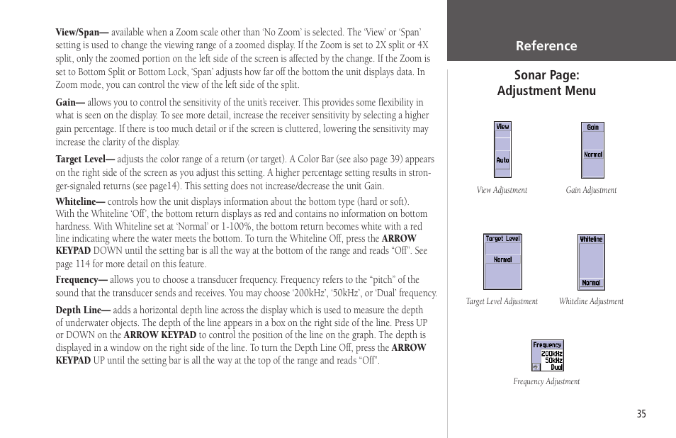 Sonar page: adjustment menu reference | Garmin GPSMAP 178C Sounder User Manual | Page 45 / 134