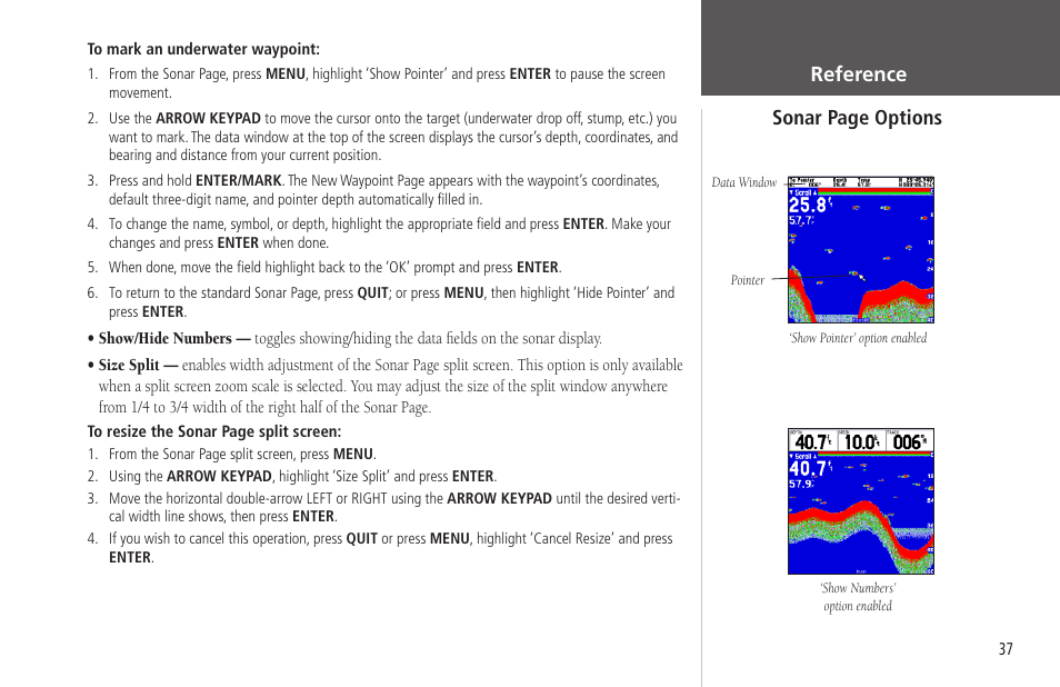 Reference sonar page options | Garmin GPSMAP 178C Sounder User Manual | Page 47 / 134