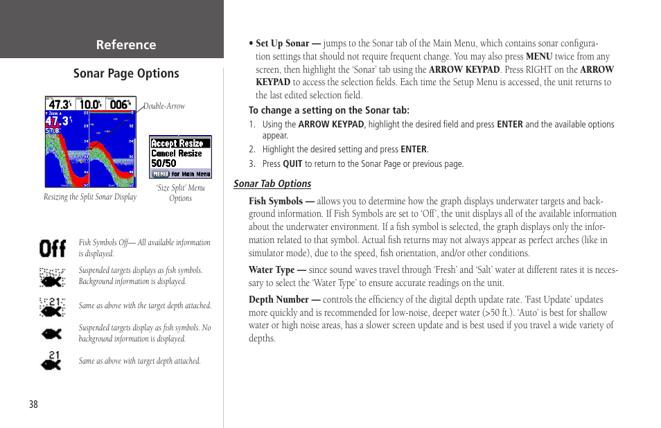 Reference sonar page options | Garmin GPSMAP 178C Sounder User Manual | Page 48 / 134