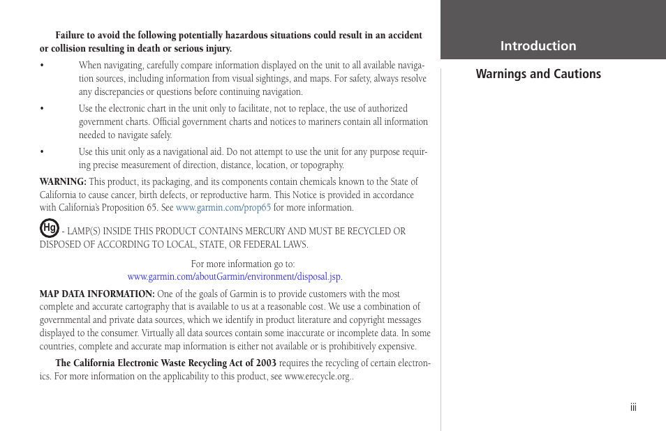 Warnings and cautions | Garmin GPSMAP 178C Sounder User Manual | Page 5 / 134