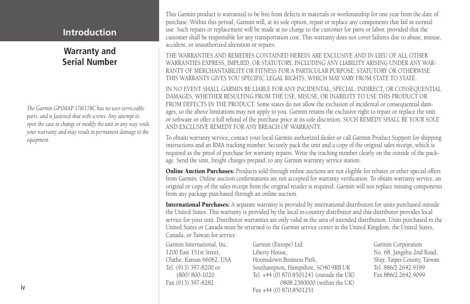 Warranty andserial number | Garmin GPSMAP 178C Sounder User Manual | Page 6 / 134