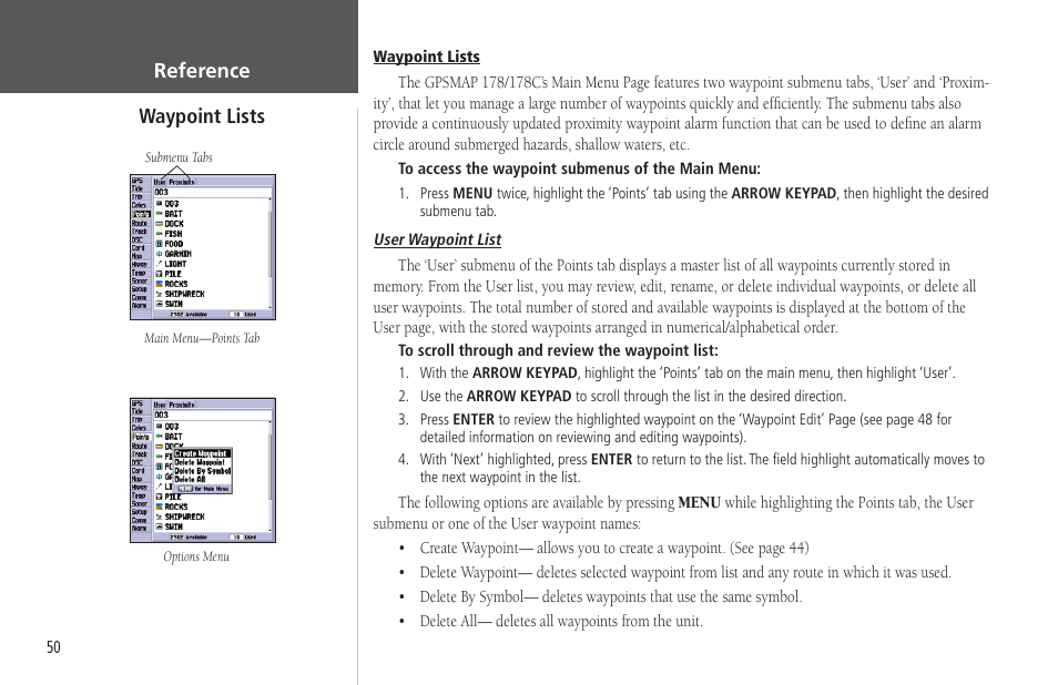 Waypoint lists, Lists, Reference waypoint lists | Garmin GPSMAP 178C Sounder User Manual | Page 60 / 134