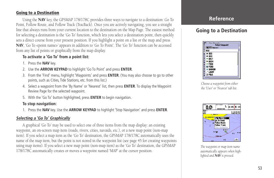 Going to a destination, Reference going to a destination | Garmin GPSMAP 178C Sounder User Manual | Page 63 / 134