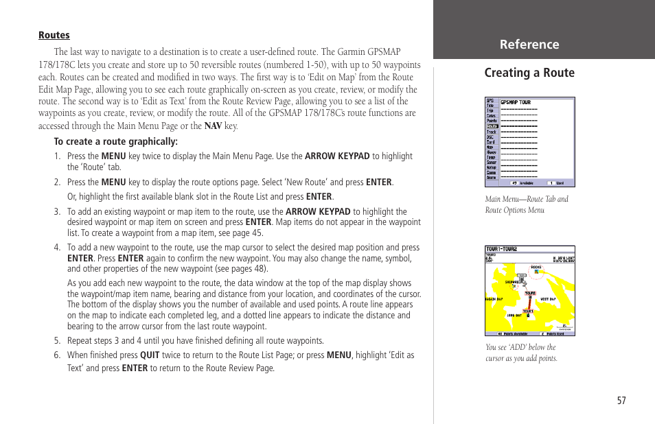 Creating a route, Creating, Reference creating a route | Garmin GPSMAP 178C Sounder User Manual | Page 67 / 134