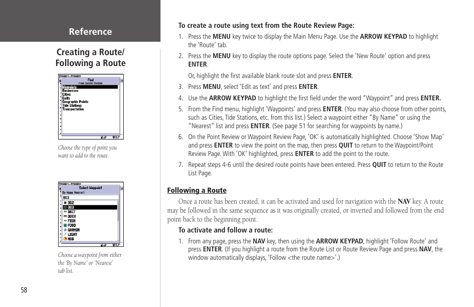Creating a route/following a route, Following, Reference creating a route/ following a route | Garmin GPSMAP 178C Sounder User Manual | Page 68 / 134