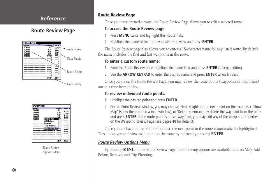 Review, Reference route review page | Garmin GPSMAP 178C Sounder User Manual | Page 70 / 134