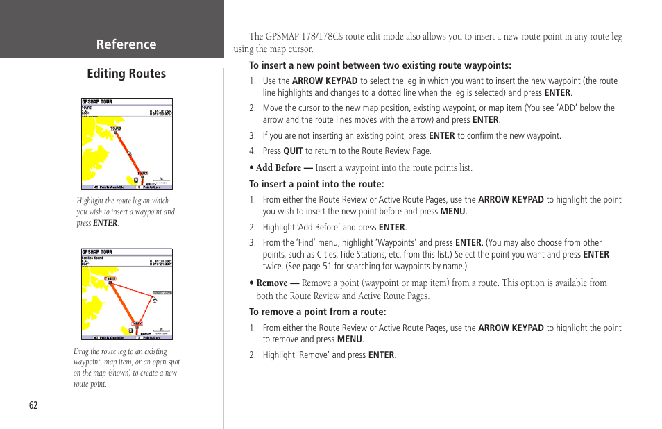 Reference editing routes | Garmin GPSMAP 178C Sounder User Manual | Page 72 / 134