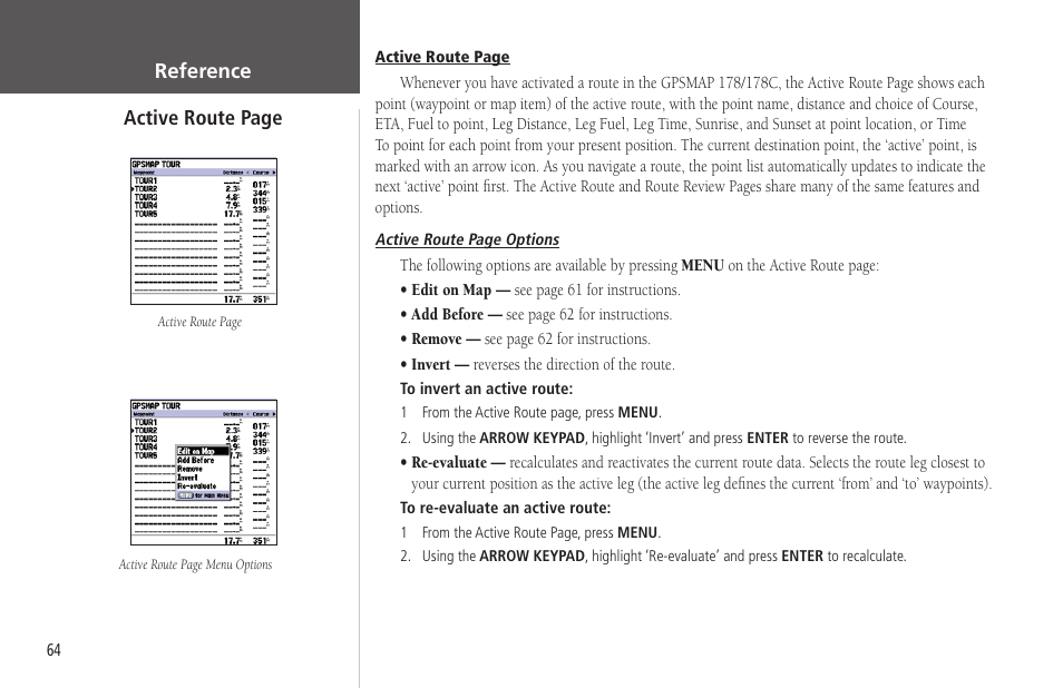 Reference active route page | Garmin GPSMAP 178C Sounder User Manual | Page 74 / 134