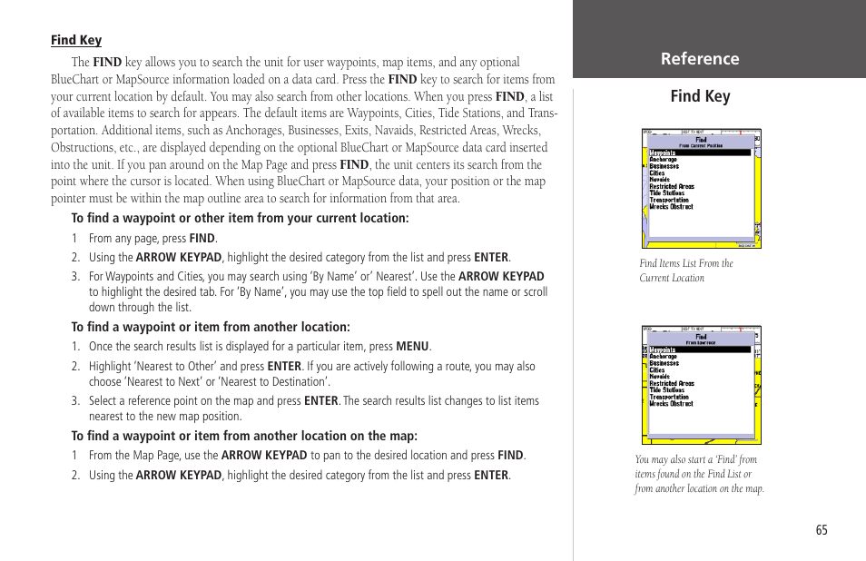 Find key, Reference find key | Garmin GPSMAP 178C Sounder User Manual | Page 75 / 134