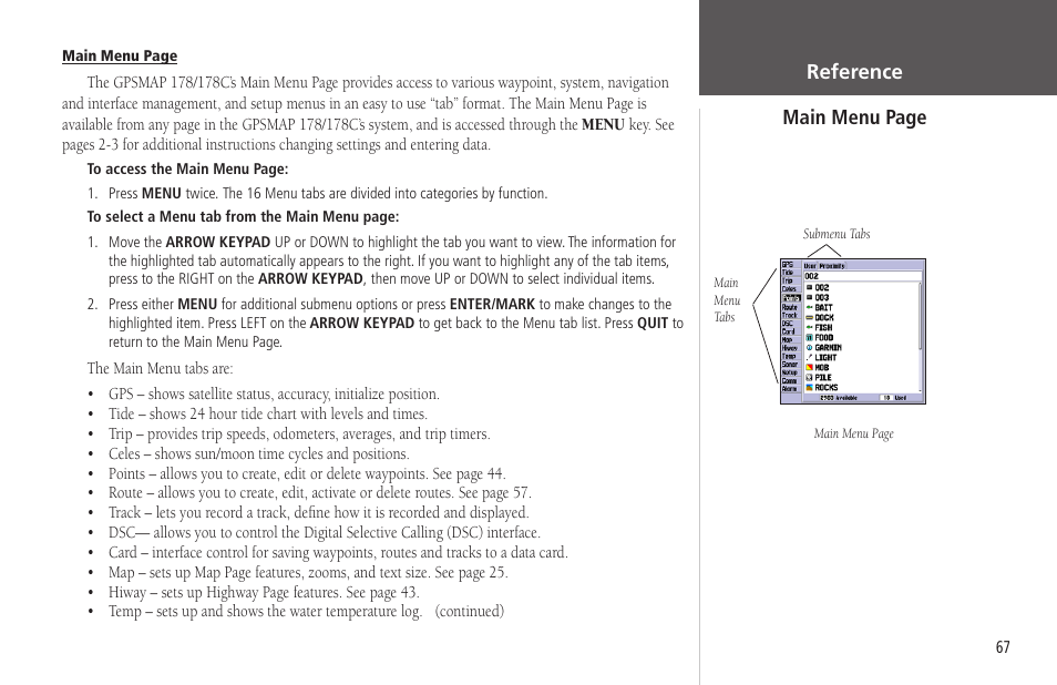 Reference main menu page | Garmin GPSMAP 178C Sounder User Manual | Page 77 / 134