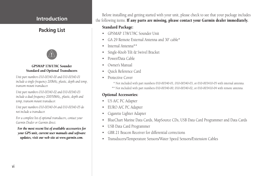 Packing list, Packing list introduction | Garmin GPSMAP 178C Sounder User Manual | Page 8 / 134