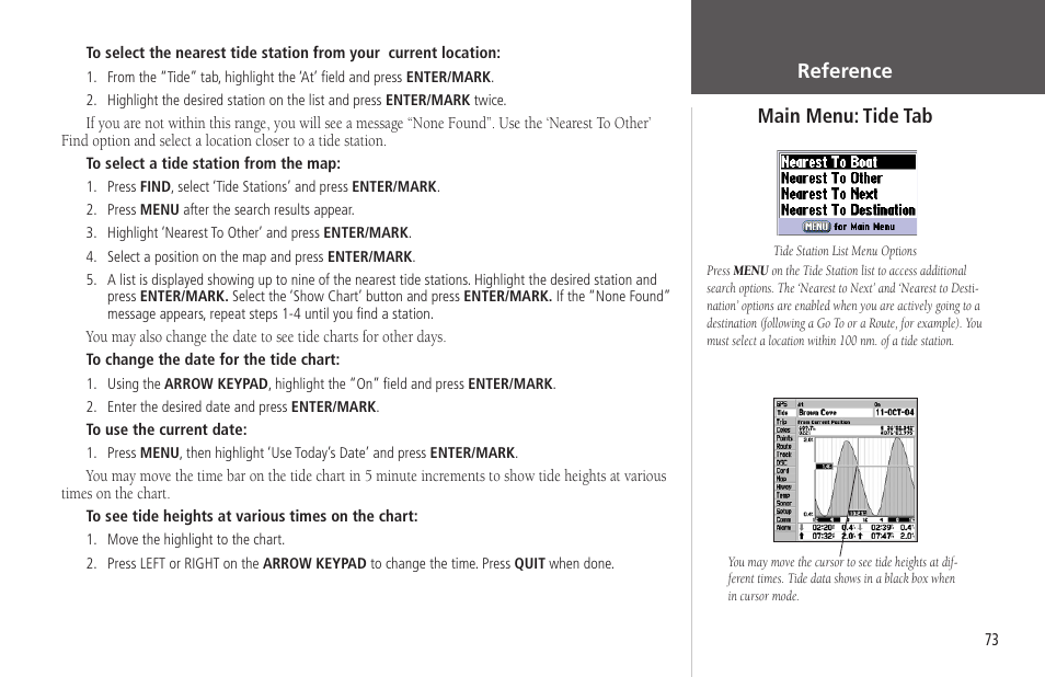 Main menu: tide tab, Tide tab, Reference main menu: tide tab | Garmin GPSMAP 178C Sounder User Manual | Page 83 / 134