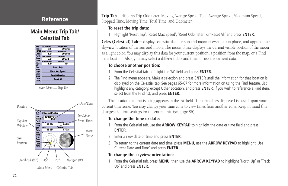Main menu: trip tab, Celestial tab, Trip tab | Reference, Main menu: trip tab/ celestial tab | Garmin GPSMAP 178C Sounder User Manual | Page 84 / 134