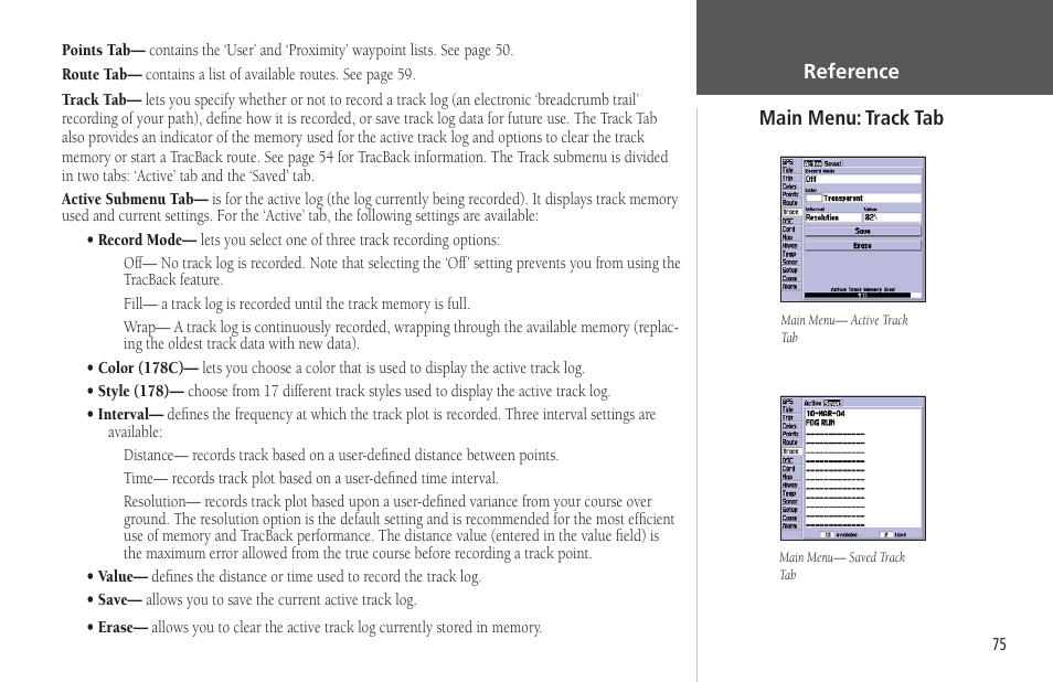 Main menu: track tab, Track tab | Garmin GPSMAP 178C Sounder User Manual | Page 85 / 134