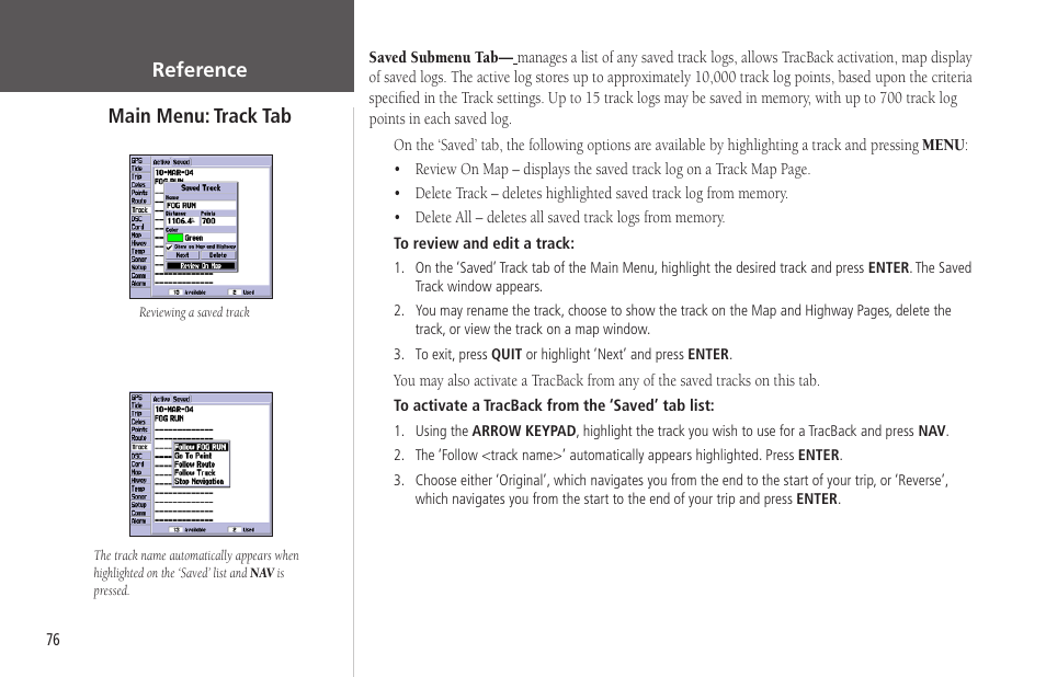 Reference main menu: track tab | Garmin GPSMAP 178C Sounder User Manual | Page 86 / 134