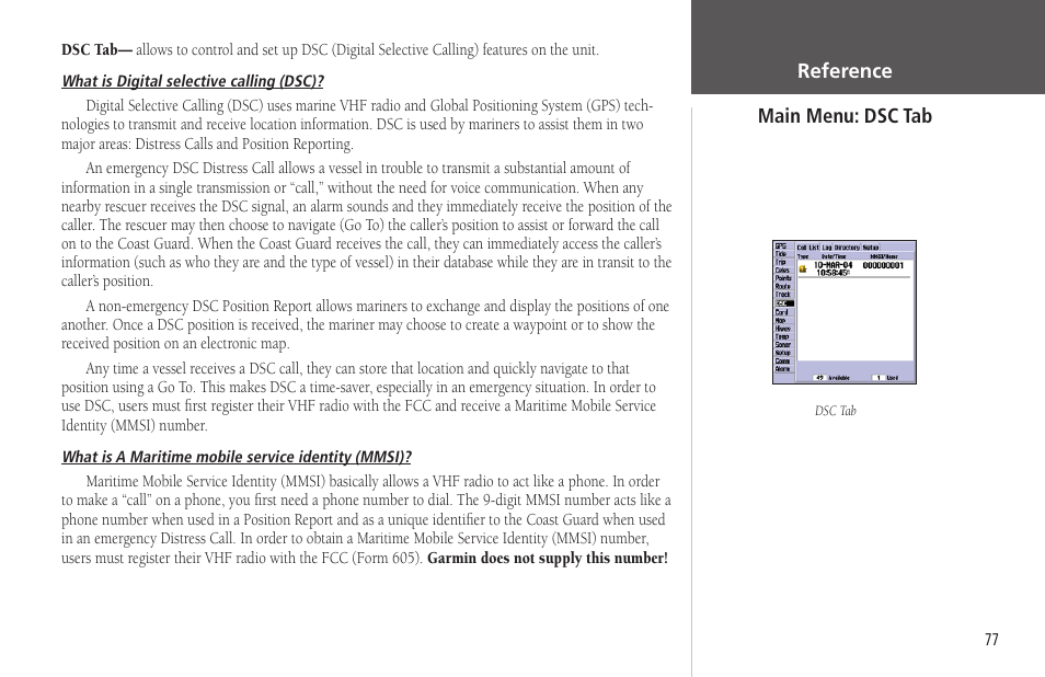 Main menu: dsc tab, Dsc tab | Garmin GPSMAP 178C Sounder User Manual | Page 87 / 134