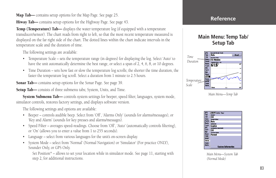 Main menu: temp tab/setup tab, Temp tab setup tab, Reference | Main menu: temp tab/ setup tab | Garmin GPSMAP 178C Sounder User Manual | Page 93 / 134