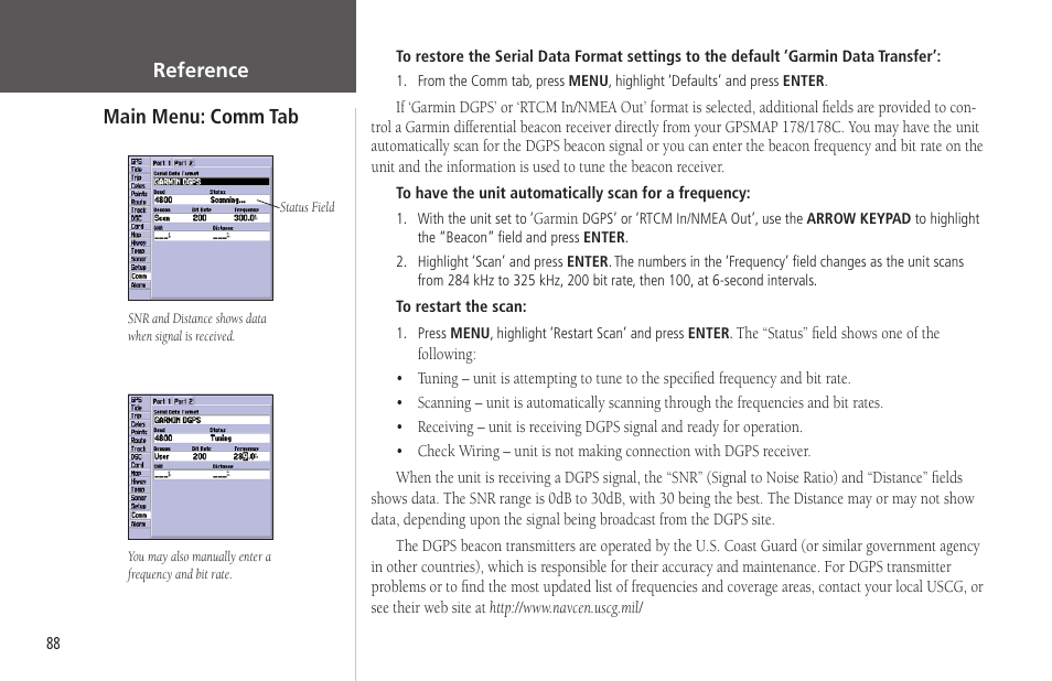 Reference main menu: comm tab | Garmin GPSMAP 178C Sounder User Manual | Page 98 / 134