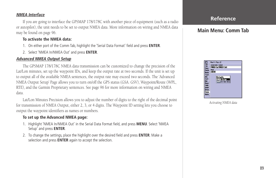 Reference main menu: comm tab | Garmin GPSMAP 178C Sounder User Manual | Page 99 / 134