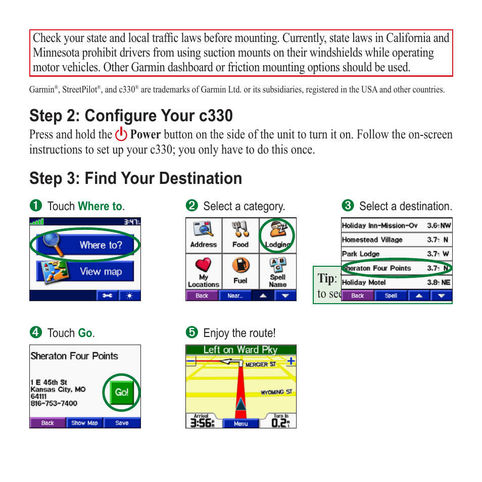 Step 2: configure your c330, Step 3: find your destination | Garmin StreetPilot c330 User Manual | Page 3 / 8