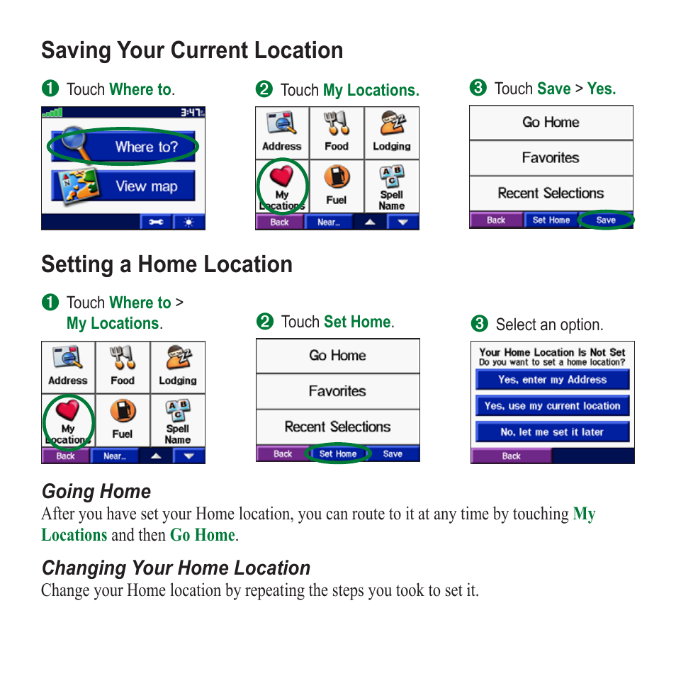 S�ving your current loc�tion, Setting � home loc�tion | Garmin StreetPilot c330 User Manual | Page 7 / 8