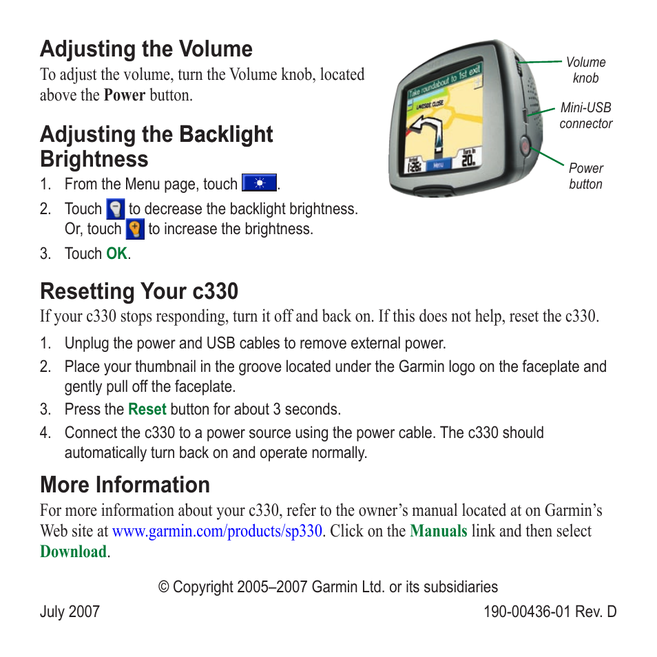 Adjusting the volume, Adjusting the ��c�light ��c�light �rightness, Resetting your c330 | Ore inform�tion | Garmin StreetPilot c330 User Manual | Page 8 / 8