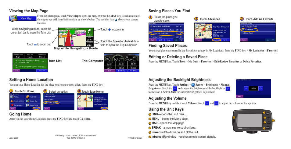 Viewing the map page, Saving places you find, Finding saved places | Editing or deleting a saved place, Setting a home location, Going home, Adjusting the backlight brightness, Adjusting the volume, Using the unit keys | Garmin StreetPilot 2720 User Manual | Page 2 / 2