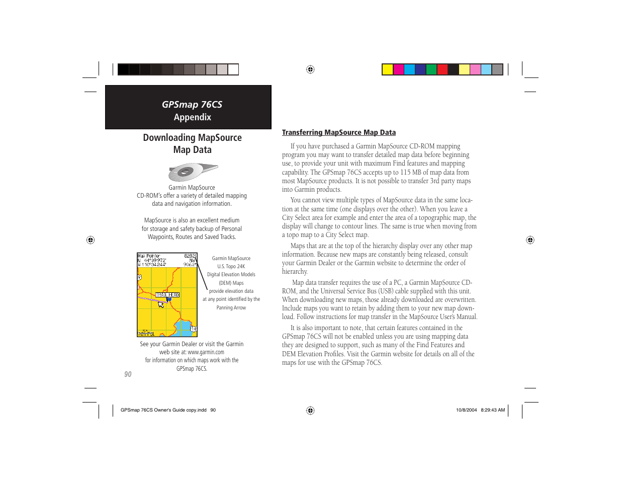 Downloading mapsource map data, Gpsmap 76cs appendix | Garmin GPSMAP 76CS User Manual | Page 100 / 110