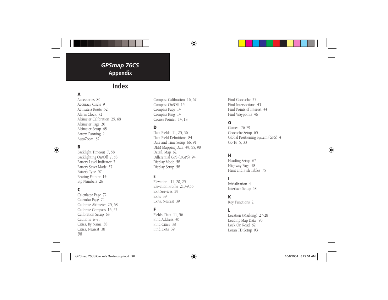 Index | Garmin GPSMAP 76CS User Manual | Page 106 / 110