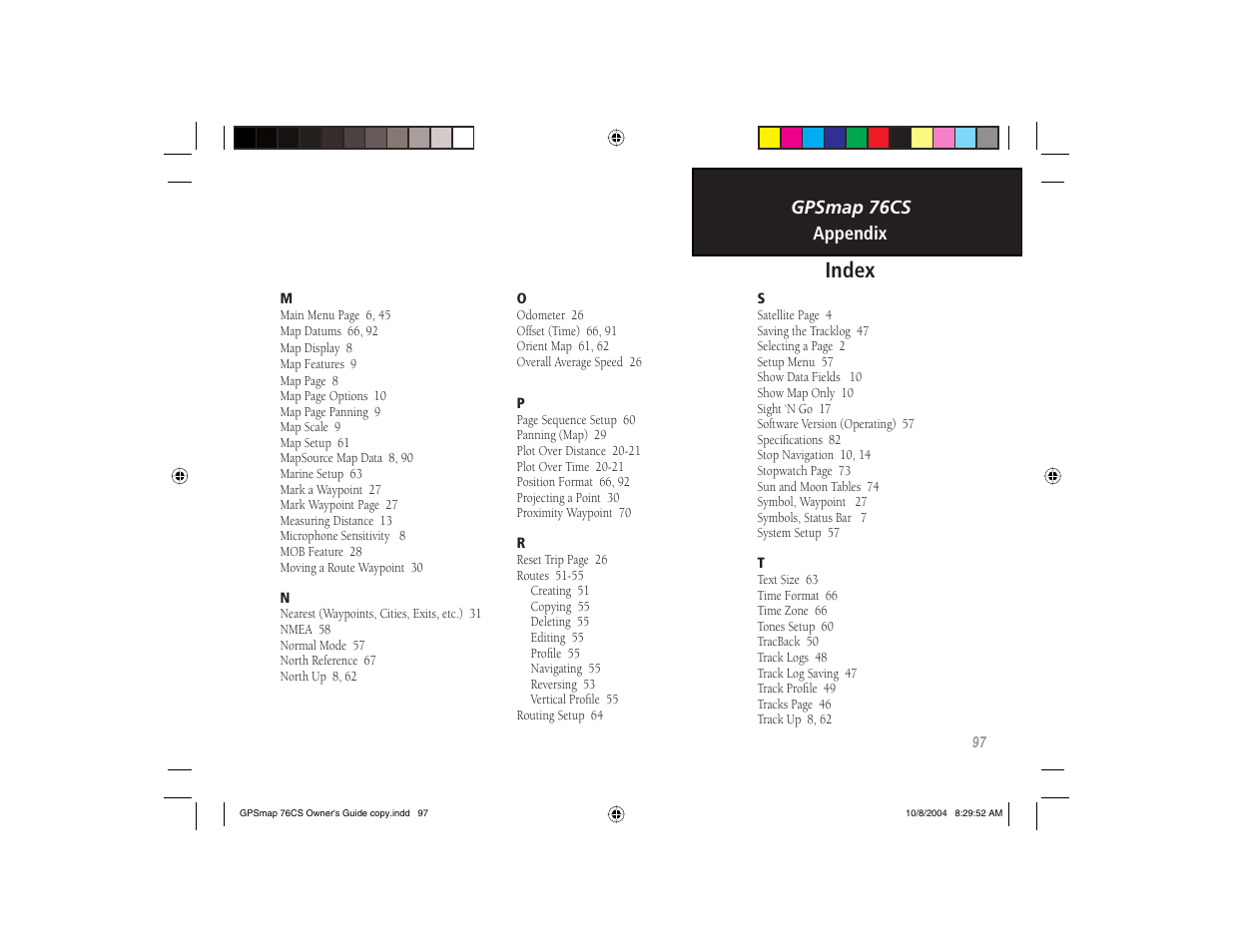 Index, Gpsmap 76cs, Appendix | Garmin GPSMAP 76CS User Manual | Page 107 / 110