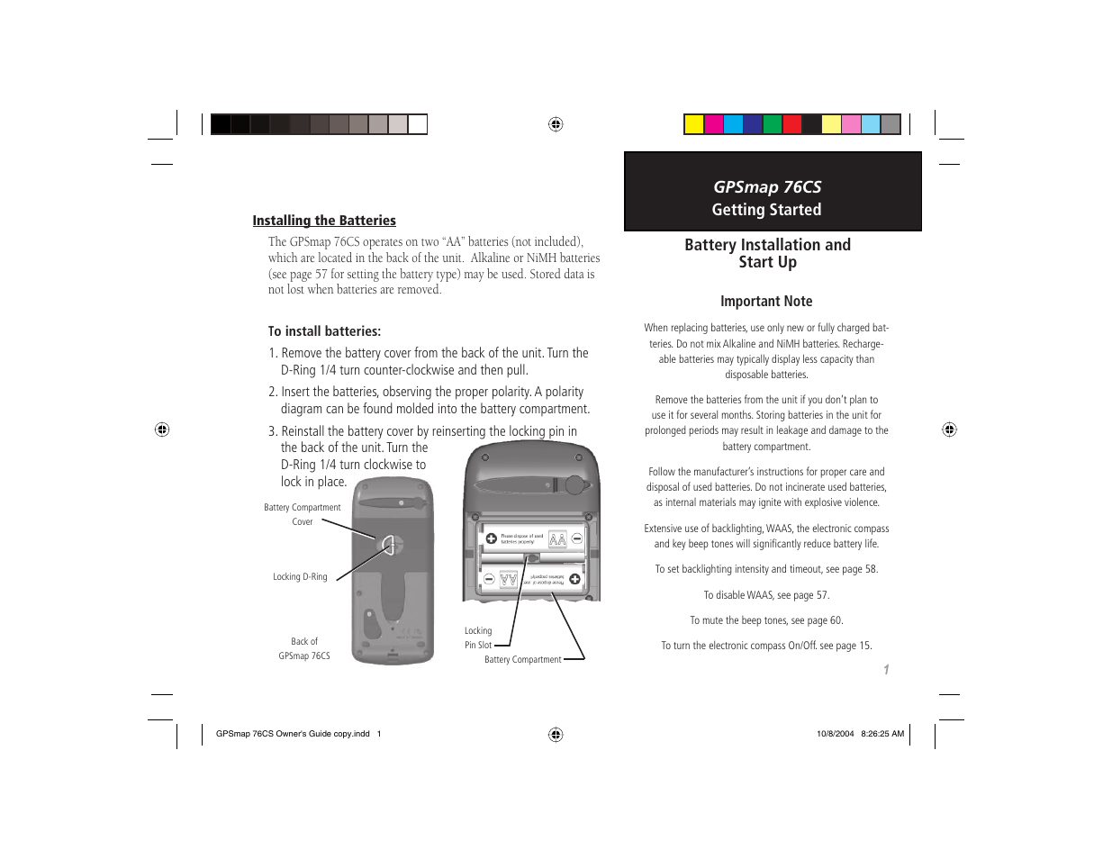 Gpsmap 76cs battery installation and start up, Getting started | Garmin GPSMAP 76CS User Manual | Page 11 / 110